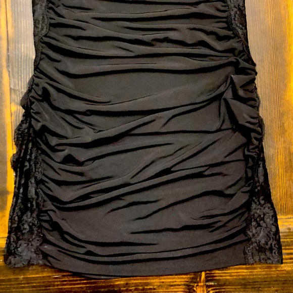 NWOT Maurices STUDIO Y Black Dressy Top w/Ruching & LACE INSERTS down sides SZ S - Picture 4 of 5